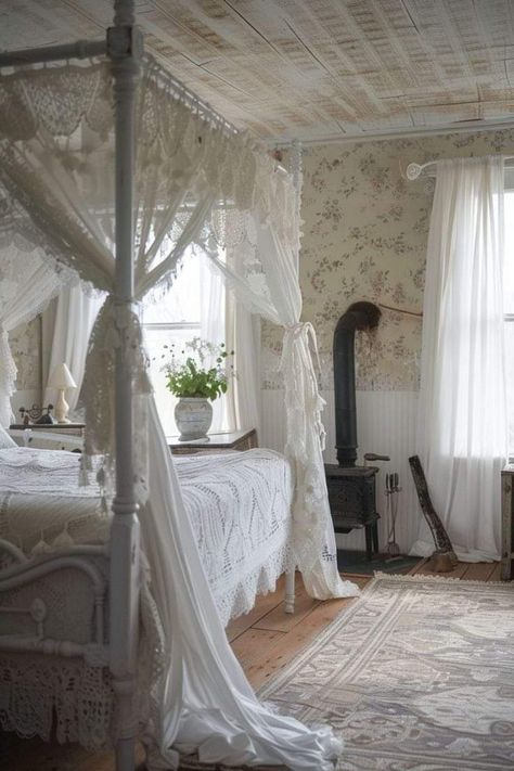 Victorian Themed Bedroom, 1800 Decor, Victorian Bedroom Interior, Victorian Aesthetic Bedroom, White Victorian Bedroom, Victorian Style Bedroom, Feminine Bedroom Design, Bedroom Interior Ideas, Styled Bedroom