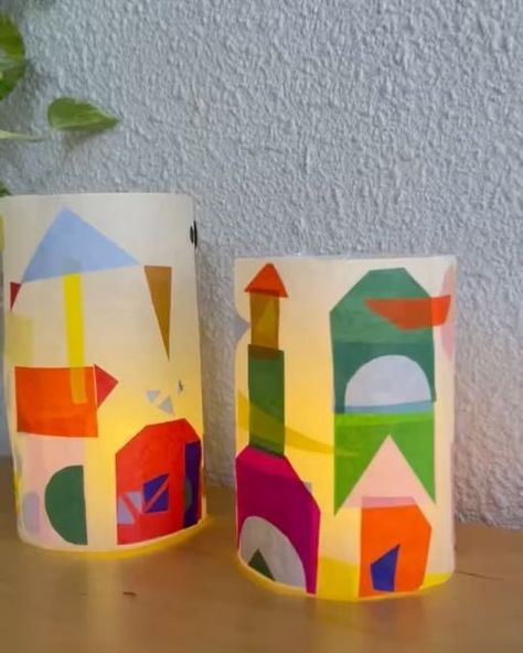 Lantern Preschool Craft, Tissue Paper Lamp, Paper Lamp Craft, Craft Architecture, Tissue Paper Lanterns, Art Education Projects, Kindergarten Art Projects, St Marys, Whimsical Paintings