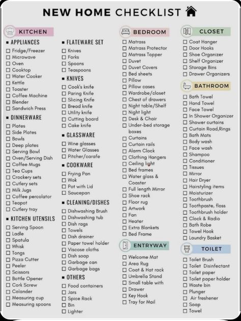 First Home Essentials, First Home Checklist, Moving House Tips, Home Checklist, First Apartment Tips, House Checklist, New Home Essentials, First Apartment Essentials, New Home Checklist