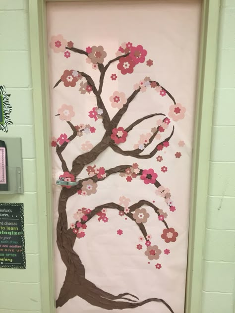 Spring classroom door: Japanese cherry blossom tree Japan Classroom Door Decoration, Cherry Blossom Door Decoration, Asia Bulletin Board Ideas, Japan Bulletin Board Ideas, Japanese Themed Classroom, Japanese Bulletin Board, Asia Themed Classroom, Japan Door Decoration, Cherry Blossom Classroom Decoration