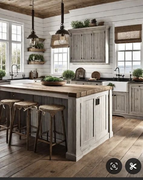 Urban Rustic Kitchen, Country Cabinets Farmhouse Style, Shiplap In The Kitchen, Shiplap Cabin Walls, Lake Cabin Kitchen Ideas, Barndo Kitchen Cabinets, Kitchen With Shiplap Ceiling, Cozy Lake House Kitchen, Kitchen Shiplap Walls