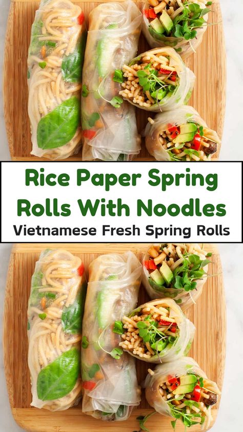 "Try these refreshing Vietnamese Fresh Spring Rolls! Made with rice paper, tender rice noodles, crisp veggies, and fresh herbs, these spring rolls wraps are light, healthy, and packed with authentic flavors. These rice paper wraps are Perfect for meal prep, quick snacks, or as a fresh appetizer for any gathering! Clear Spring Roll Wraps, Healthy Rice Paper Rolls Recipe, Fresh Spring Roll Recipe Vegetable, Asian Rice Paper Wraps, Cold Spring Rolls Rice Paper, Spring Wraps Recipes, Rice Paper Noodle Rolls, Healthy Rice Paper Wraps, Veggie Rice Paper Rolls