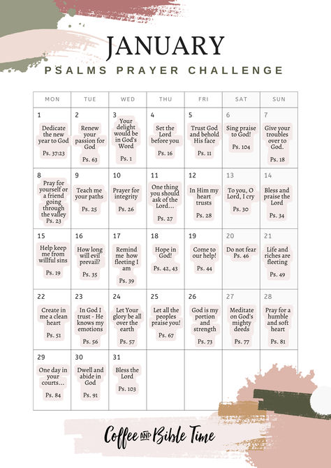 Grow in Prayer for the New Year with 31 prayer prompts from the Psalms! January Prayer Calendar, January Prayer Prompts, Prayer For The New Year, Coffee Bible, Prayer Calendar, Coffee And Bible Time, Coffee And Bible, Bible Study Videos, Pray Pray Pray