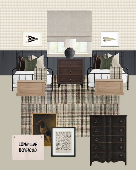 Built In In Bedroom, Vintage Modern Living Room Decor, Studio Mcgee Boys Room, Vintage Boy Room Ideas, Masculine Vintage Bedroom, Warm Cottage Living Room, Big Boy Room Ideas For Kids, Moody Boys Bedroom, Twin Room Design