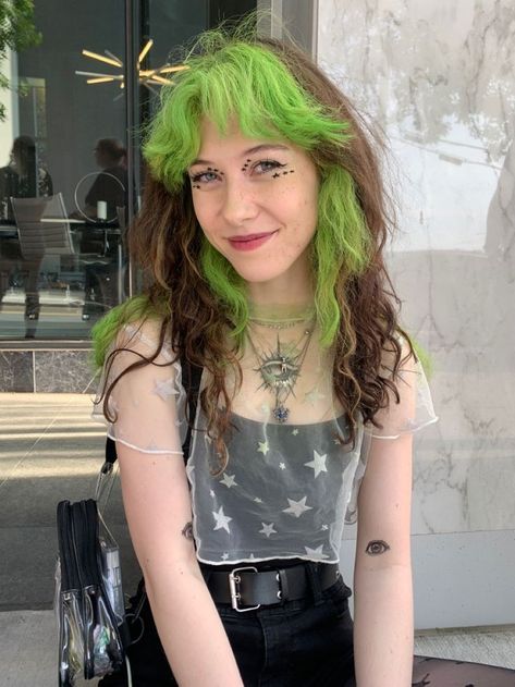 Colour Placement Hair, Green Highlights In Curly Hair, Green Underside Hair, Chartreuse Hair Color, Auburn And Green Hair, Green Hair Brown Roots, Lime Green Peekaboo Hair, Green Bangs Brown Hair, Blonde Hair With Green Tips