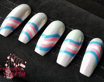 Nails Pictures, Pride Nails, Bright Pink Nails, Flag Nails, Nails Hand Painted, Purple Acrylic Nails, Trans Flag, Rainbow Nails, Nails Desing