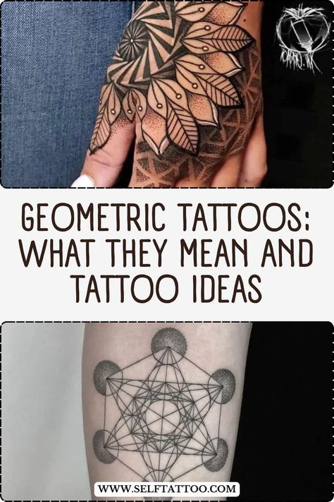 The patterns that make up geometric tattoos create mesmerizing designs. This style of tattooing also takes inspiration from spiritual motifs. So, what are geometric tattoos, what do they mean, and what do common geometric tattoo shapes symbolize? | Geometric Tattoo designs for women, Geometric Tattoo designs for men, Geometric Design Tattoos, Geometric Tattoo sleeve design Geometric Design Tattoo, Geometric Hand Tattoo, Tattoo Shapes, Cult Tattoo, Geometric Tattoo Sleeve, Mandala Tattoo Sleeve Women, Sacred Geometric Tattoo, Geometric Shape Tattoo, Dandelion Tattoo Design