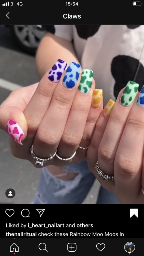 Multi Colored Cow Print Nails, Moo Cow Nails, Rainbow Cow Nails, Rainbow Cow Print Nails, Chicken Nails Designs, Pastel Cow Print Nails, Moo Cow, Cow Nails, Moo Moo