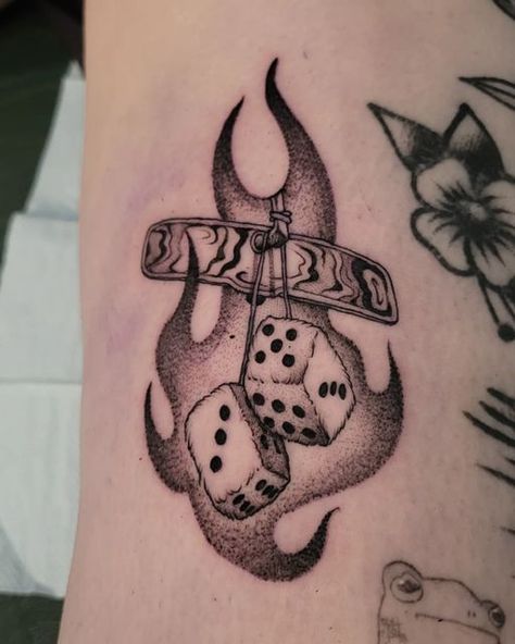 Dice Tattoo Trad, Snake Eye Dice Tattoo, Hanging Dice Tattoo, Fuzzy Tattoo, Fuzzy Dice Tattoo, Dice Tattoo Ideas, Dice Tattoo Design, Flames Tattoo, Fuzzy Dice