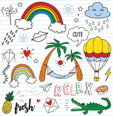 Vector set of colorful doodle on paper b... | Premium Vector #Freepik #vector #cute-rainbow #rainbow-drawing #cute-doodle #kids-doodle Rainbow Doodle Art, Doodle Kids, Rainbow Doodle, Rainbow Drawing, Paper Background, Doodle Art, Premium Vector, Graphic Resources, Doodles