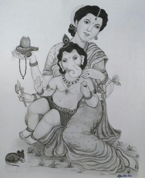 Ganesha And Parvati, God Drawing, Art Drawings For Kids, Creative Sketches, Sketchbook Drawing, Pencil Art, Pencil Drawing, Ganesha, Pencil Drawings