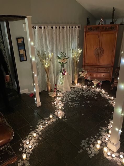 Living room engagement & romantic ambience for proposal. A beautoful rose petal walkway with candles. #engagement #romanticbedroomideas #romantic #proposalideas #proposalideas Rose Petals Proposal, Rose Petal Walkway, Ideas Candles, Engagement Romantic, Room Decor Ideas, Room Designs, Walkway, Rose Petals, Room Design