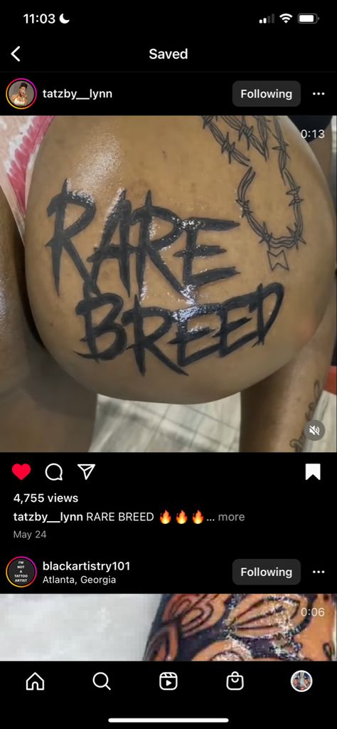 Side Thigh Tattoos Women Baddie, Name Tattoos On Buttocks, Most Hated Tattoo, Rare Breed Tattoo, Big Name Tattoos, Under The Buttcheek Tattoo, Baddies Tattoos, Rare Tattoo Ideas, Big Thigh Tattoos