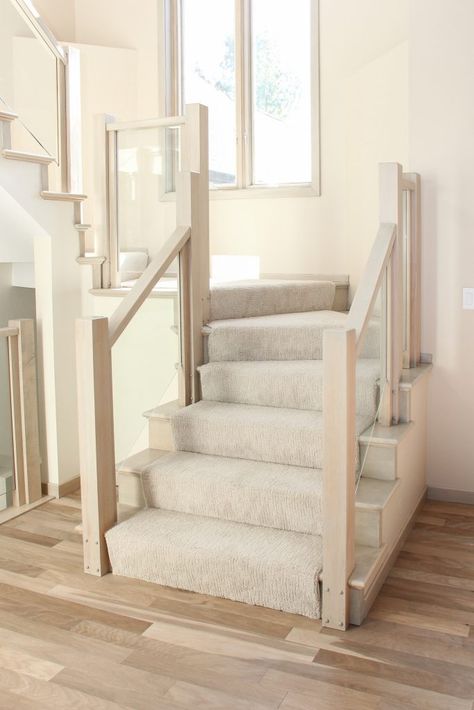 Beige Carpet Staircase: Tan and Cream Hardwood Flooring Greige Carpet Stairs, Cream Carpet Stairs, Ivory Carpet Living Room, Cream Colored Carpet, Cream Stair Runner, Cream Staircase, Beige Staircase, Carpet And Hardwood Together, Cream Carpet Living Room