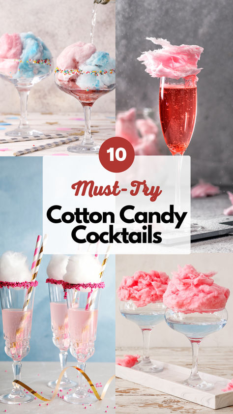 Cotton Candy Cocktails Cotton Candy Non Alcoholic Drink, Cotton Candy Alcoholic Drink Recipes, Cotton Candy Martini Recipe, Pink Cotton Candy Drink, Drinks With Cotton Candy On Top, Circus Theme Alcohol Drinks, Carnival Themed Cocktails, Cotton Candy Alcoholic Drink, Candy Floss Cocktail