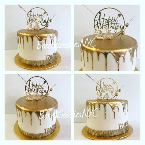 GOLD DRIP CAKE Gold Drip Cake Ideas, White Cake With Gold Drip, Golden Birthday Cakes For Boys, Gold Drip Cake Tutorial, White And Gold Birthday Cakes For Women, Golden Birthday Cake For Women, Gold Drip Birthday Cake, Golden Drip Cake, Gold Cake Design Birthday