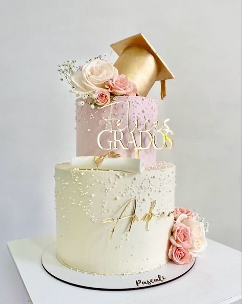 Teacher Graduation Cakes, Pink Graduation Cakes, 2 Tier Graduation Cake, Pastel Graduation Party, Pink Grad Cake, Prom Cake, Pink Graduation Party, College Graduation Party Decorations, Graduation Cake Designs