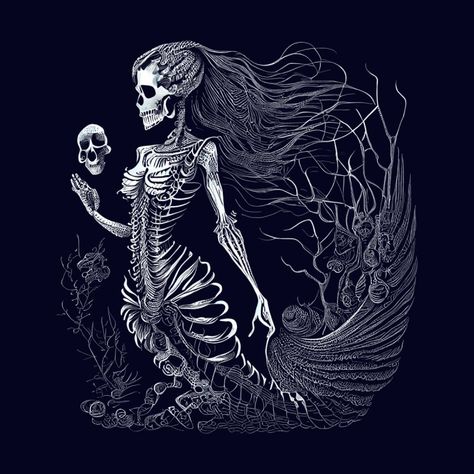 Mermaid Skeleton Decor, Goth Mermaid Aesthetic, Evil Mermaid Tattoo, Skeleton Mermaid Tattoo, Pirate Embroidery, Deep Sea Mermaid, Mermaid Zombie, Mermaid Skull, Skull Mermaid