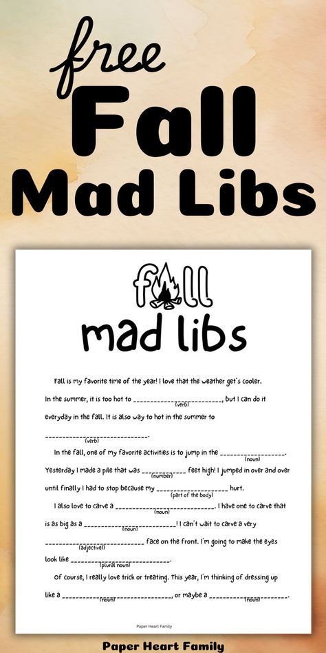 This fall mad libs free printable is part of an entire fall activity book that your kids will love. This funny story will have your kids excited about fall! It would be the perfect fall worksheet for the first day of autumn or activity for Thanksgiving. Fall Mad Libs, Free Printable Mad Libs, Mad Libs For Kids, Kids Mad Libs, Funny Mad Libs, Thanksgiving Mad Lib, Fall Worksheets, First Day Of Autumn, Paper Plate Crafts For Kids