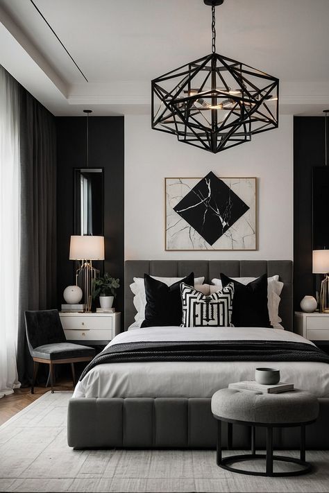 Aesthetic Grey Bedroom, Monochrome Bedroom Aesthetic, Modern Luxury Bedroom Design Grey, Monochrome Room Aesthetic, Gray Headboard Bedding Ideas, Rich Bedroom Luxury Black, Grown Women Bedroom Ideas, Gray And Black Bedroom Ideas, Black And Silver Bedroom Ideas