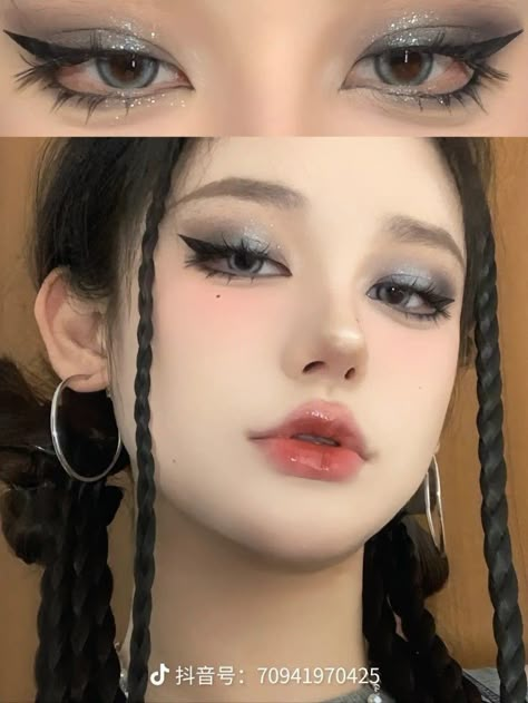 Grey Douyin Makeup, Dark Douyin Makeup Tutorial, Dark Asian Makeup, Aesthetic Dark Makeup, Dark Eye Makeup Tutorial, Makeup For Grey Eyes, Dark Douyin Makeup, Maquillaje Smokey Eyes, Extreme Make-up