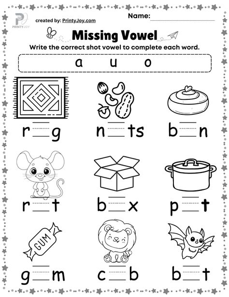 Vowels Worksheets For Kindergarten Free Missing Vowels Worksheet Free, Alphabet Work Sheets, Vowel Worksheets For Kindergarten, December Kindergarten Activities, Vowels Kindergarten, Alphabet Worksheets For Kindergarten, English Language Learning Activities, Digraphs Worksheets, Printable Alphabet Worksheets