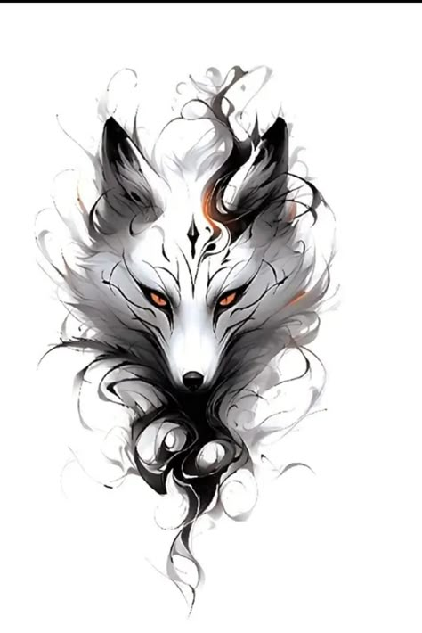 Anime Wolf Tattoo, Kitsune Symbol, Fox And Wolf Tattoo, Fox Head Tattoo, Wolf Back Tattoo, 9 Tailed Fox Tattoo, White Fox Art, White Wolf Tattoo, Cyberpunk Tattoo