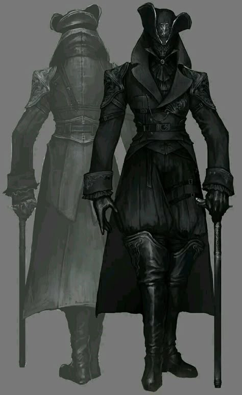 Bloodborne Old Hunters Art, Eldritch Superhero, Bloodborne Character Design Concept Art, Bloodborne Outfits Concept Art, Dark Medieval Outfit, Bloodborne Oc Art, Headmaster Character Design, Bloodborne Inspired Outfit, Gothic Gunslinger