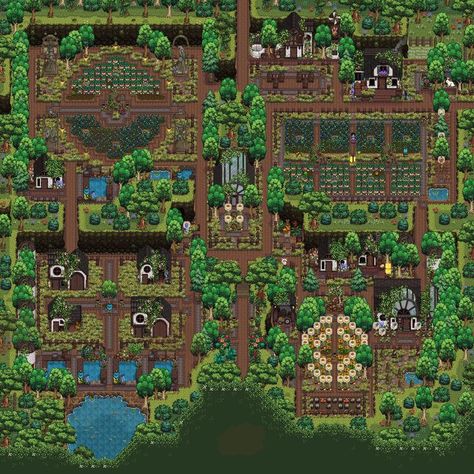 Stardew Valley Cottagecore Farm Layout, Stardew Valley Layout Aesthetic, Stardew Farm Layout Four Corners, Stardew Valley Four Corners Farm Layout Ideas, Stardew Valley Farm Layout Four Corners Aesthetic, Stardew Valley Four Corners Layout Aesthetic, Four Corner Farm Stardew Valley, Four Corner Farm Layout Stardew Valley, Sdv Farm Layout 4 Corners