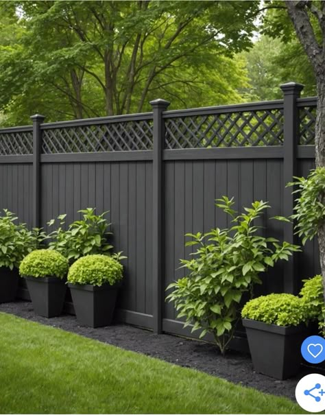 Fence Ideas For Privacy, Garden Privacy Fence Ideas, Fence Yard Ideas, Ivy Fence Backyard, Beautiful Privacy Fence Ideas, Dark Fence Ideas, Houses With Fences In Front Yard, Modern White Picket Fence, Decorative Fencing Ideas