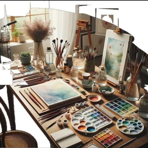 Artist Supplies Aesthetic, Craft Room Set Up Ideas Work Spaces, Small Artist Studio, Art Desk Aesthetic, Artists Desk, Art Desk Setup, Rangement Art, Artist Desk, Small Art Studio