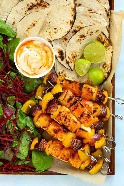 This Sticky Halloumi Kebabs recipe is perfect for a lazy summer dinner, which looks and tastes impressive but is actually pretty low on effort. Our favourite kind of meal! Halloumi Kebab, Chilli Dip, Chilli Mayo, Cooking Halloumi, Vegetable Skewers, Chilli Jam, Grilled Halloumi, Veg Food, Buttered Noodles