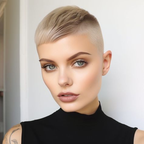 Blonde Shaved Head, Feminine Buzz Cut, Simple Short Haircut, Female Buzzcut, Buzz Cuts For Women, Buzzed Hair Women, Buzz Cut Women, Shaved Side, Bald Look