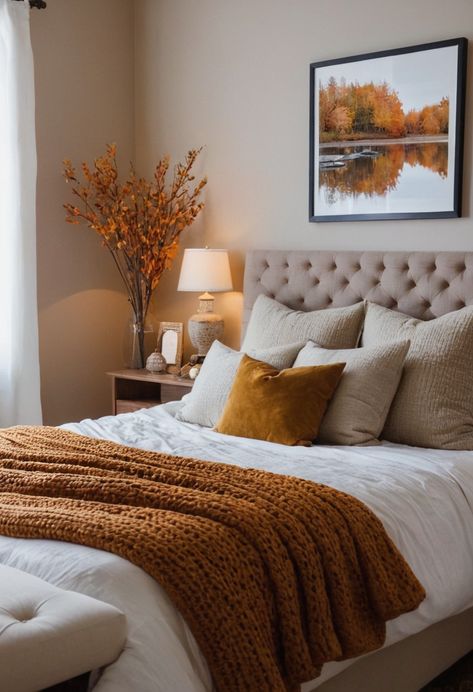 Add cottage-inspired decor like floral patterns, knitted blankets, and warm lighting for a cozy fall feel. Fall Bedroom Decor Cozy, Fall Decor Apartment, Warm Bedroom Colors, Fall Bedroom Ideas, Beige Bedroom Decor, Fall Furniture, Fall Bedroom Decor, Cozy Fall Bedroom, Warm Bedroom