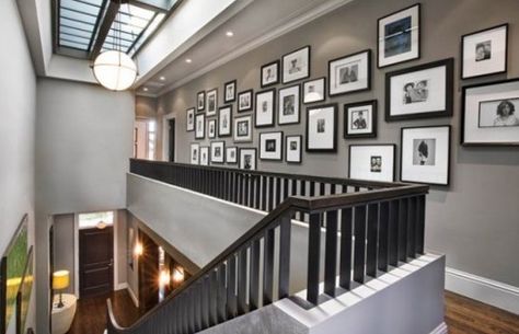 Grey walls + white trim + black frames in the hall Grey Painted Walls, Contemporary Staircase, Family Photo Wall, Display Family Photos, Staircase Wall, Revere Pewter, Photo Wall Gallery, Palette Design, Framed Pictures