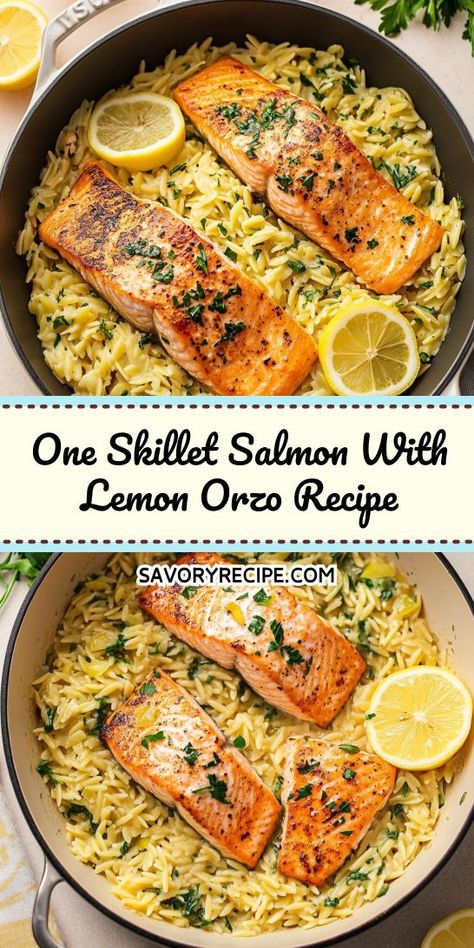 Searching for a simple yet flavorful seafood dinner? This One Skillet Salmon with Lemon Orzo is the perfect solution, featuring tender salmon and zesty orzo that come together effortlessly. Make sure to save this recipe for your next culinary adventure and impress your loved ones! Zesty Salmon Recipe, Salmon Orzo Recipe, Salmon With Lemon, Orzo Recipe, Delicious Salmon Recipes, Savory Recipe, Lemon Orzo, Orzo Recipes, Lemon Salmon