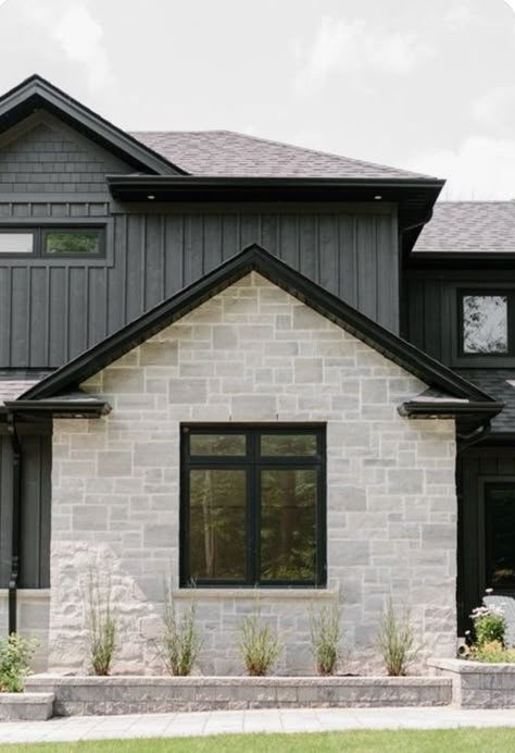 White Rock Exterior Homes, Organic Modern House Exterior, Dark Modern Farmhouse Exterior, House Siding Ideas Exterior, Grey Stone House, Exterior Home Renovation, Stone Exterior Houses, Transitional Exterior, New House Exterior