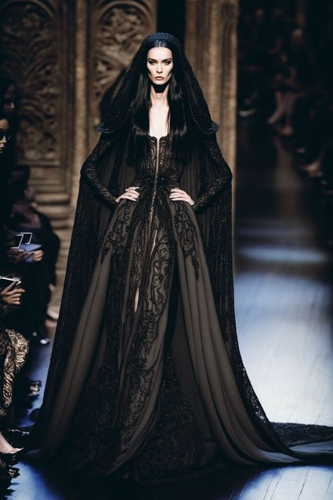 Vampire Gown Aesthetic, High Priestess Fashion, Halloween Fashion Show, Morticia Addams Fashion, Dark Witch Fashion, Morticia Wedding Dress, Gothic Fashion Show, Witch Aesthetic Dress, Gothic Wedding Gown