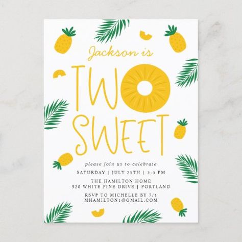 Two Sweet Pineapple 2Nd Birthday Party Invitation Postcard #zazzle #weddinginvitations #birthdayinvitations #babyshowerinvitations #zazzleinvitations #monogram #businesscards #graduation #homedecor Pineapple Birthday Theme, Summer Birthday Themes, Pineapple Ring, Pineapple Birthday Party, Pineapple Birthday, Luau Birthday Party, Custom Birthday Invitations, 1st Birthday Party Invitations