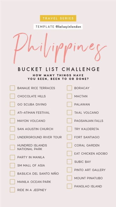 Top things to do in Philippines- Philippines Bucket list - Instagram Story Template - kelseyinlondon- Kelsey Heinrichs - What to do in Philippines- Where to go in Philippines- top places in Philippines Philippines Destinations, Dumaguete, List Challenges, Siargao, Vigan, Destinations Travel, Girls Getaway, Travel Hotel, Bohol