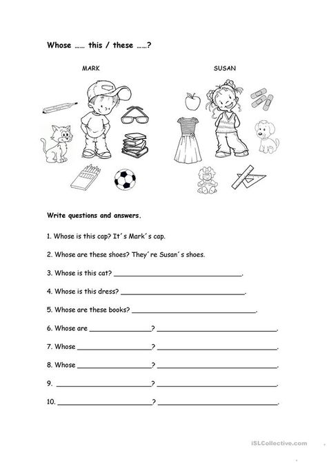 Whose worksheet - English ESL Worksheets for distance learning and physical classrooms Whose Worksheet, Story Elements Worksheet, Esl Kids, Distance Formula, Worksheets For Preschoolers, Esl Reading, English Grammar For Kids, Writing Equations, Summer Worksheets