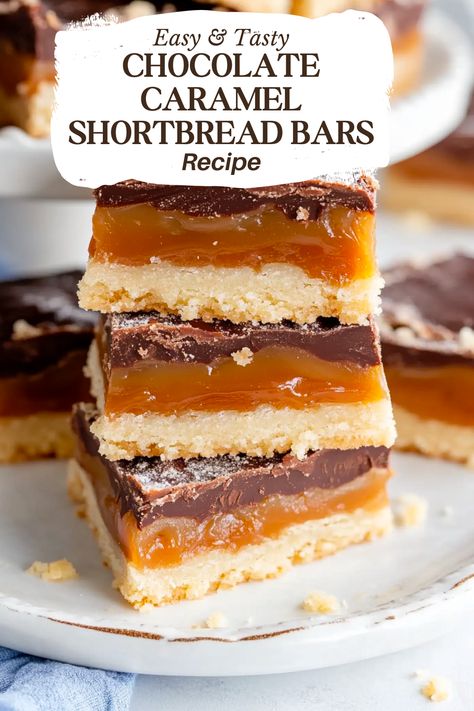 These Chocolate Caramel Shortbread Bars are an irresistible treat for shortbread enthusiasts! Featuring layers of buttery homemade shortbread, rich caramel, and luscious chocolate, this recipe for chocolate caramel bars is a must-have for any celebration. 2 cups butter (room temperature)1 ½ cups confectioners' sugar1 cup granulated sugar6 teaspoons pure vanilla extract4 cups all-purpose flour14 ounces Caramel Shortbread Squares, Caramel Chocolate Recipes, Recipes Using Caramel Squares, Caramel Bits Recipes, Chocolate Caramel Desserts, Chocolate Caramel Dessert, Caramel Shortbread Bars, Chocolate Caramel Bars, Caramel Bars Recipe