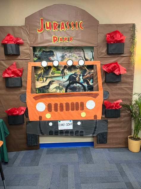 Jurassic Park Classroom Theme, Jurassic Park Bulletin Board, Jurassic Park Door Decoration, Dinosaur Vacation Bible School, Dinosaur Bulletin Board Ideas Preschool, Jurassic Park Classroom Transformation, Stompers And Chompers Vbs 2023, Dinosaur Decorations For Classroom, Dinosaur Theme Classroom