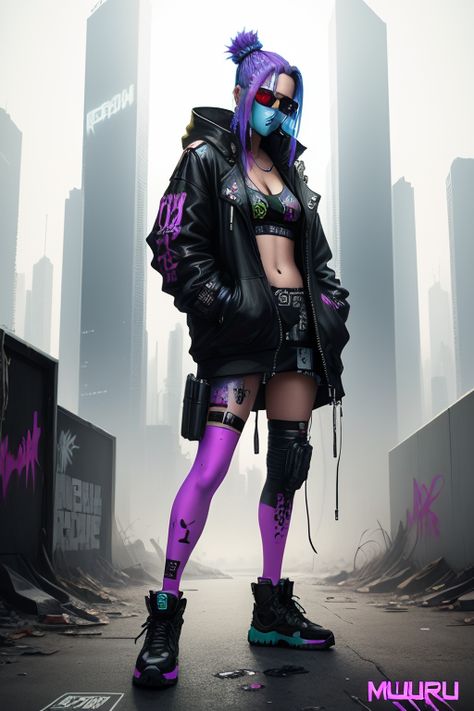 Dystopian Cyberpunk Outfit, Futuristic Punk Fashion, Cyberpunk Fashion Women Neon, Cuber Punk Outfits, Cyberpunk 2077 Fashion, Cyberpunk Girl Outfit, Purple Cyberpunk Outfit, Cyberpunk Outfit Futuristic, Cyberpunk Fashion Women Street Styles