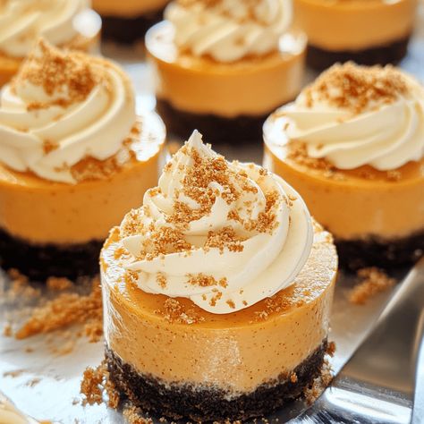 Delight in these No Bake Pumpkin Mini Cheesecakes, the perfect fall dessert with creamy pumpkin flavor and easy preparation! Mini Pumpkin Desserts, Pumpkin Pecan Cheesecake, Tasteful Recipes, Mini Pumpkin Cheesecake, Pumpkin Tarts, No Bake Pumpkin, Mini Dessert Recipes, Bake Pumpkin, No Bake Pumpkin Cheesecake