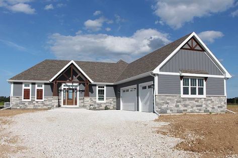 Blue Ranch House, Blue Ranch House Exterior, Stone Archway, Ranch House Exterior, Floor Plans Ranch, Ranch Remodel, Home Exterior Makeover, Home Floor Plans, Exterior Makeover