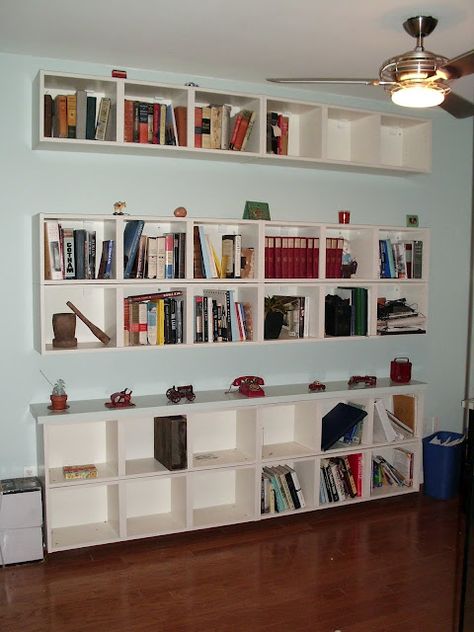 Ikea "Billy shelves.  Start at bottom and build up.  open space is same size as a Billy shelf.  YOu can use trim to fill in gaps if needed. Bookshelves On Wall, Ikea Bookcase With Doors, Glass Shelves Ikea, Bookshelves For Small Spaces, Hanging Bookshelves, Billy Ikea, Floating Glass Shelves, Ikea Bookcase, Ikea Wall