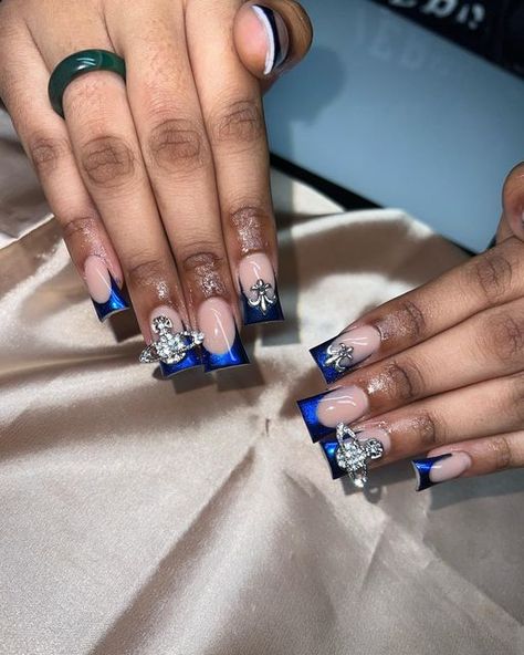 Blue And Black Birthday Nails, Chrome Duck Nails Acrylic, French Blue Nails Design, Dark Blue Nails Black Women, Royal Blue Nails With Charms, Short Blue Square Acrylic Nails, Navy Blue Prom Nails Acrylic Short, Prom Duck Nails, Blue Nails Acrylic With Design