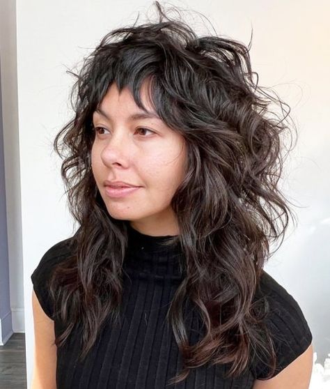 Tousled Long Shag with Jagged Bangs Jagged Bangs, Hair With Waves, Haircuts For Thick Wavy Hair, Shaggy Curly Hair, Corte Shag, Corte Shaggy, Shag Hairstyle, Long Shag Hairstyles, Curly Shag Haircut