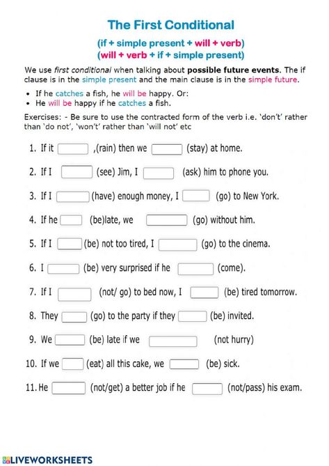 First conditional - Interactive worksheet First Conditional Worksheet, If Clause, Conditionals Grammar, First Conditional, English Language Learning Activities, Language Learning Activities, English Grammar Test, English Grammar For Kids, Vocabulary Exercises